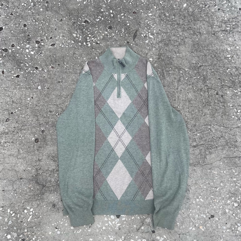 Men's Tasso Elba Mint Green heather grey Argyle quarter-Zip Sweater